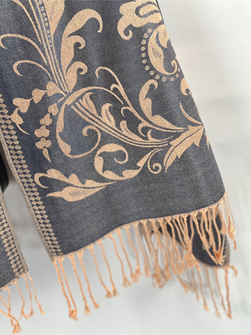 Blue Shawl, Pashmina, Gold Embroidery, Fringed Wrap, Royal Elegance, Luxurious Texture, Sophisticated Style, Classic Embellishment, Versatile Accessory, Evening Chic, Regal Fashion, Timeless Appeal, Warmth & Style