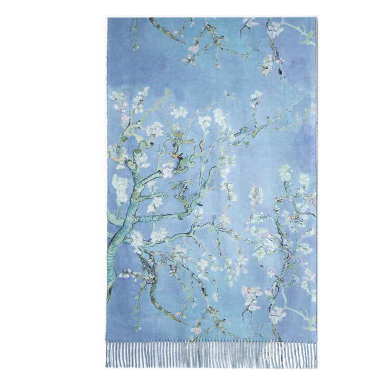 Blue Art Scarf, Blossom Print, Flowy Accessory, Silk Wrap, Elegant Drapery, Fashion Scarf, Statement Piece, Spring Fashion, Painterly Scarf, Vibrant Wear, Artistic Shawl, Chic Accessory, Blossom Pattern