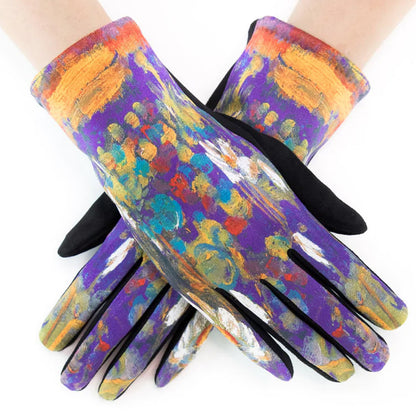 Art Gloves, Purple Handwear, Painted Gloves, Floral Gloves, Artistic Wear, Gold Touch Gloves, Lily Pattern, Impressionist, Crafted Gloves, Fine Art Mitts, Gallery Gloves, Art Lover Gift, Elegant Gloves