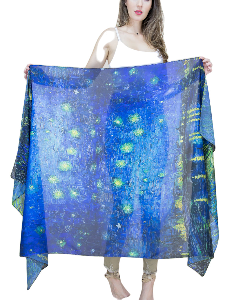 Art Scarf, Van Gogh Wrap, Satin Shawl, Starry Night, Rhone Scarf, Blue Scarf, Luxe Accessory, Handmade Wrap, Vintage Style, Soft Neckwear, Chic Scarf, Gift Scarf, Unique Satin