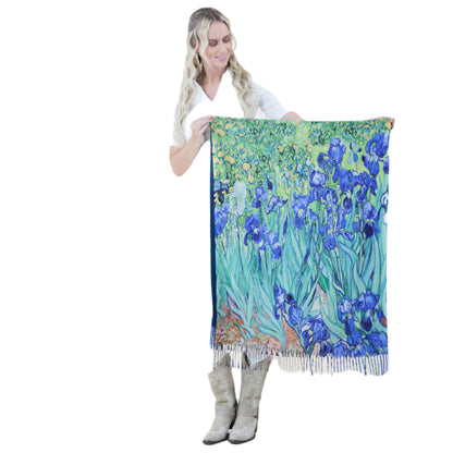 Floral Silk Scarf, Iris Print Wrap, Blue Art Shawl, Spring Accessory, Painterly Scarf, Elegant Drapery, Blossom Design, Luxe Silk Wear, Artistic Wrap, Fashion Statement, Vibrant Shawl, Garden Motif, Stylish Cover-up