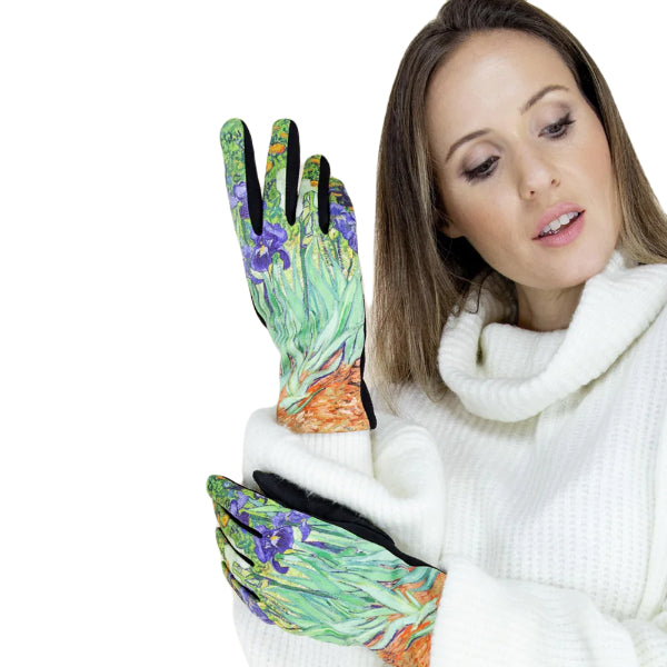 Iris Gloves, Floral Handwear, Artist Gloves, Garden Mitts, Botanical Glove, Blue Green Grip, Touch Glove Art, Eco Chic Gloves, Bloom Gloves, Painted Gloves, Craft Gloves, Art Wear Mitts, Iris Touchwear