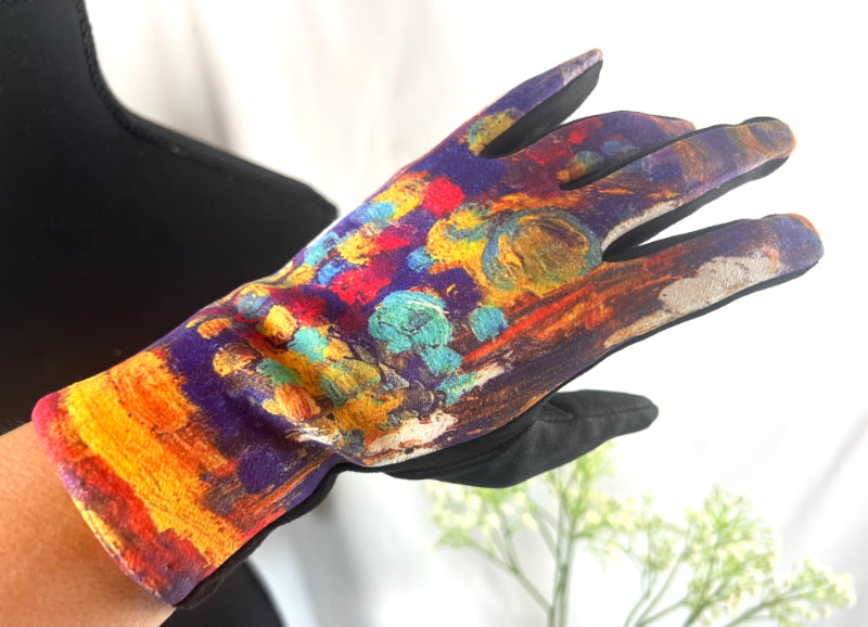 Art Gloves, Purple Handwear, Painted Gloves, Floral Gloves, Artistic Wear, Gold Touch Gloves, Lily Pattern, Impressionist, Crafted Gloves, Fine Art Mitts, Gallery Gloves, Art Lover Gift, Elegant Gloves