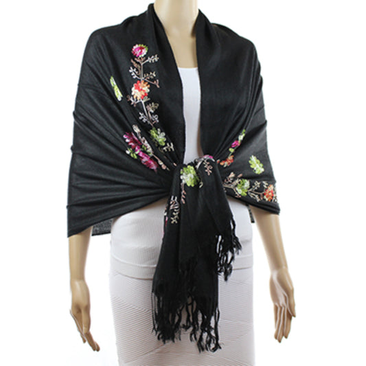 Black Scarf, Embroidered Wrap, Floral Shawl, Artisan Scarf, Fringe Shawl, Hand Stitched, Boho Scarf, Vintage Style, Eco Chic Wrap, Unique Shawl, Soft Scarf, Crafted Shawl, Gift Scarf