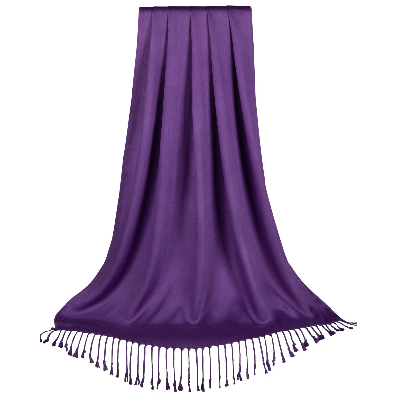 Purple Shawl, Pashmina, Cashmere-Feel, Elegant Fringe, Luxurious Wrap, Classic Accessory, Versatile Style, Deep Purple, Soft Warmth, Sophisticated Look, Quality Fabric, All-Season Comfort, Fashion Staple