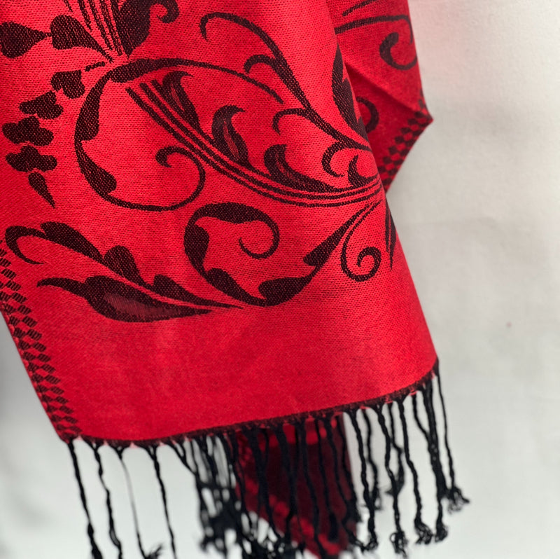 Red Pashmina, Black Floral, Fringed Shawl, Bold Elegance, Sophisticated Wrap, Luxurious Feel, Versatile Accessory, Timeless Style, Evening Chic, Statement Piece, Fashion Shawl, Stylish Warmth, Elegant Design