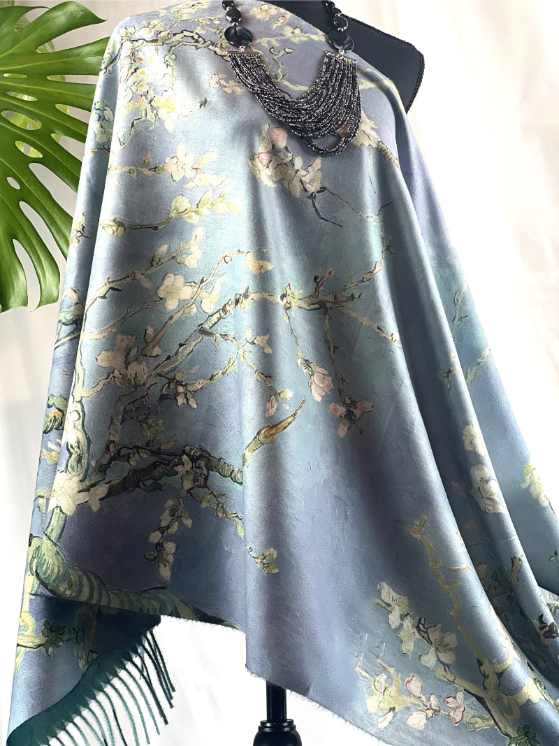 Blue Art Scarf, Blossom Print, Flowy Accessory, Silk Wrap, Elegant Drapery, Fashion Scarf, Statement Piece, Spring Fashion, Painterly Scarf, Vibrant Wear, Artistic Shawl, Chic Accessory, Blossom Pattern