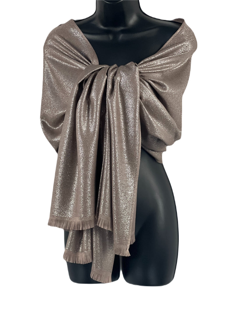 Silver Shawl, Khaki Pashmina, Metallic Wrap, Glitter Scarf, Soft Shawl, Chic Wrap, Luxe Pashmina, Sparkle Shawl, Elegant Wrap, Dressy Scarf, Shiny Shawl, Trendy Pashmina, Light Scarf