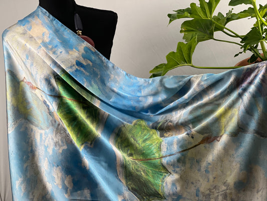 Monet Scarf, Blue Satin Shawl, Artisan Wrap, Impressionist Scarf, Handmade Shawl, Painterly Scarf, Light Blue Wrap, Crafted Scarf, Art Shawl, Vintage Scarf, Soft Satin Scarf, Eco-Friendly Wrap, Unique Scarf