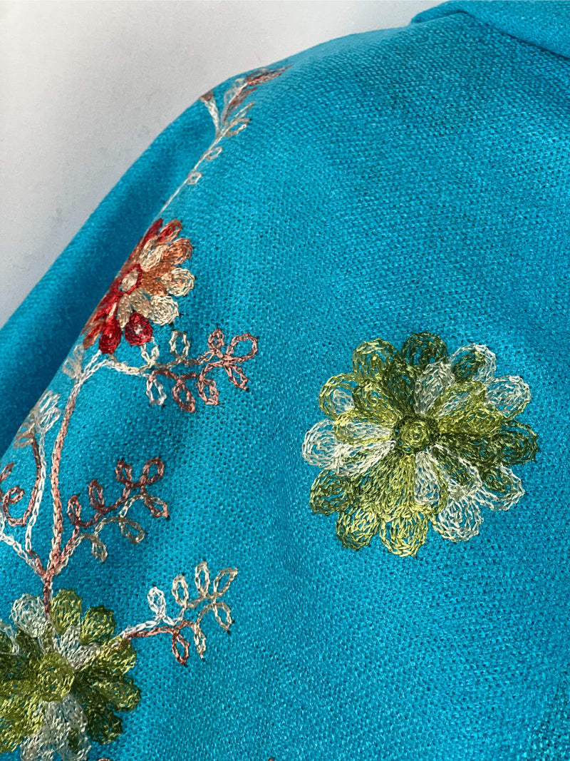 Turquoise Scarf, Floral Shawl, Embroidery, Handmade Wrap, Boho Chic Scarf, Artisan Shawl, Fringed Scarf, Bright Wrap, Eco Textile, Soft Wool Blend, Gift for Her, Vibrant Accessory, Unique Embroidery