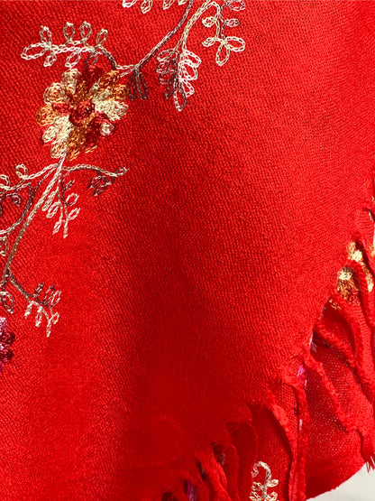 Embroidered, Red Scarf, Pashmina, Floral Design, Fringed, Elegant Wrap, Soft Texture, Versatile, Fashion Shawl, Warm Accessory, Stylish, High-Quality, Seasonal Wear