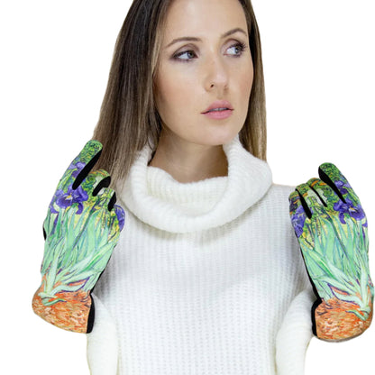 Iris Gloves, Floral Handwear, Artist Gloves, Garden Mitts, Botanical Glove, Blue Green Grip, Touch Glove Art, Eco Chic Gloves, Bloom Gloves, Painted Gloves, Craft Gloves, Art Wear Mitts, Iris Touchwear