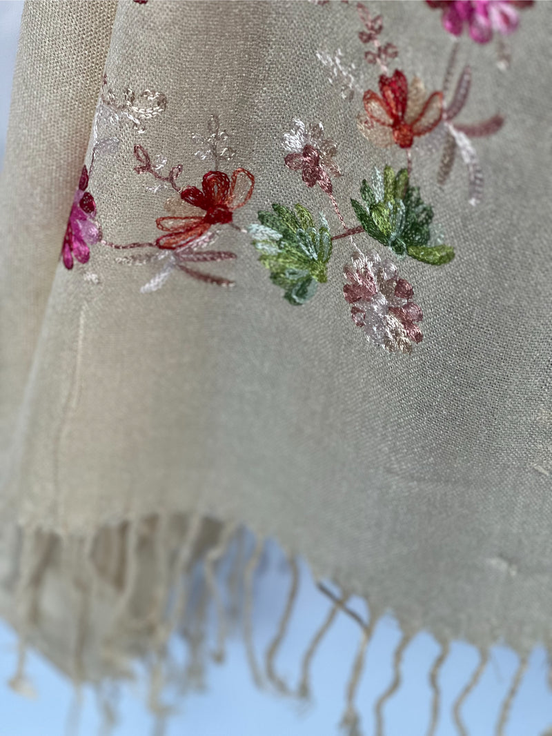 Embroidered Scarf, Floral Shawl, Gray Wool Wrap, Soft Fringe Scarf, Boho Chic Wrap, Artisan Scarf, Winter Accessory, Light Gray Scarf, Hand Stitched, Fashion Shawl, Bohemian Scarf, Gift for Her, Elegant Wrap