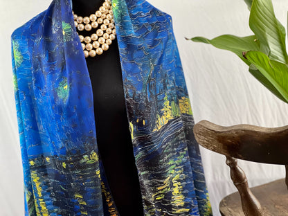 Art Scarf, Van Gogh Wrap, Satin Shawl, Starry Night, Rhone Scarf, Blue Scarf, Luxe Accessory, Handmade Wrap, Vintage Style, Soft Neckwear, Chic Scarf, Gift Scarf, Unique Satin