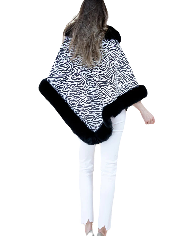 Zebra Poncho, Faux Fur Wrap, Suede Cape, Animal Shawl, Chic Poncho, Fur Trim Cape, Bold Zebra Wrap, Soft Faux Suede, Trendy Shawl, Black White Cape, Luxe Poncho, Statement Wrap, Elegant Coverup