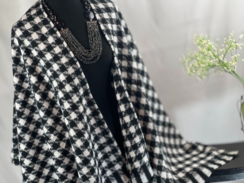 Ruana Wrap, Houndstooth, Poncho, Artisanal, Handcrafted, One Size, Black White, Versatile, Classic, Cozy, Boutique, Timeless, Elegant