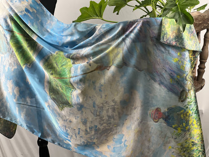 Monet Scarf, Blue Satin Shawl, Artisan Wrap, Impressionist Scarf, Handmade Shawl, Painterly Scarf, Light Blue Wrap, Crafted Scarf, Art Shawl, Vintage Scarf, Soft Satin Scarf, Eco-Friendly Wrap, Unique Scarf