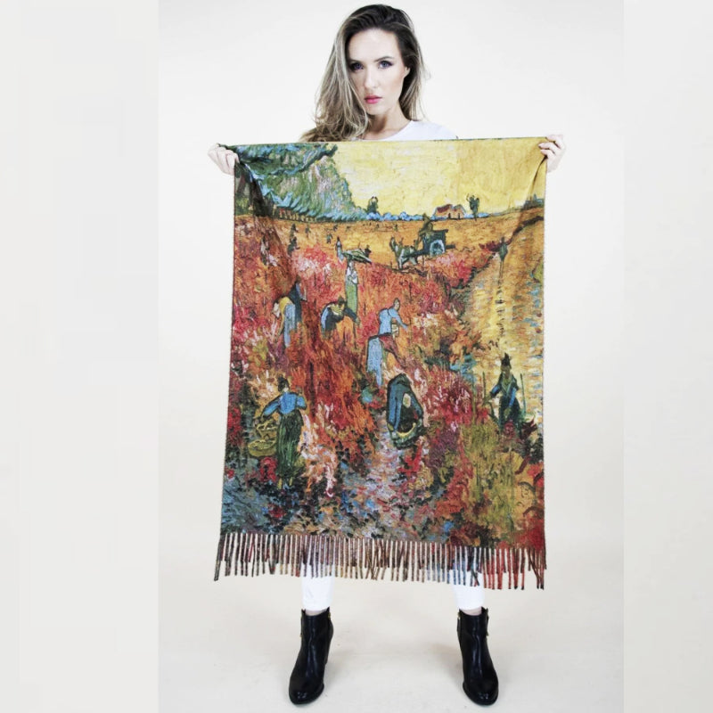 Art Print Scarf, Van Gogh Shawl, Red Art Wrap, Painted Scarf, Arles Shawl, Craft Scarf, Gallery Wrap, Vintage Scarf, Artisan Shawl, Painter Scarf, Harvest Wrap, Unique Shawl, Fringe Scarf