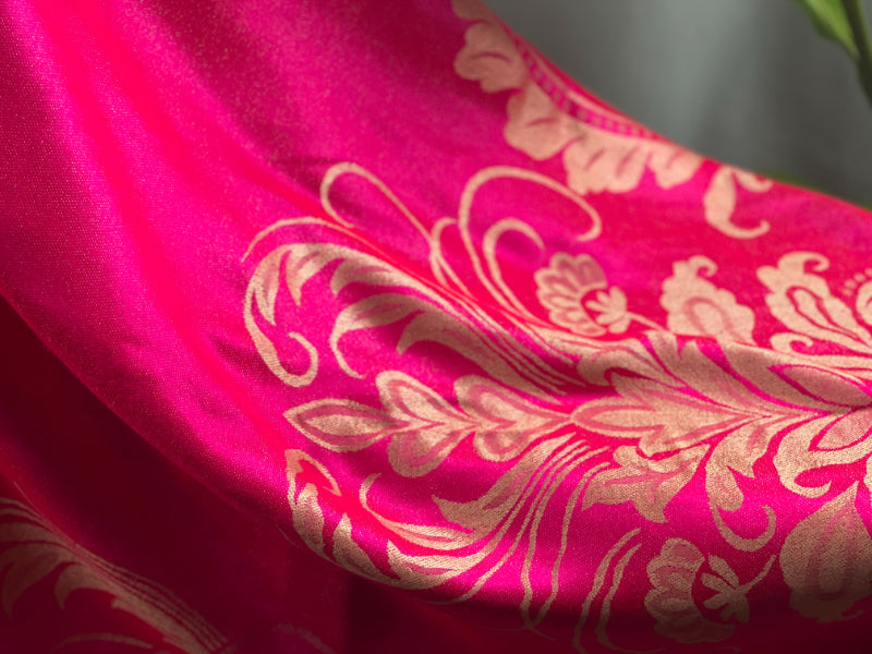 Hot Pink Shawl, Pashmina Wrap, Gold Floral, Fringe Detail, Glamorous Wrap, Vibrant Color, Chic Accessory, Soft Texture, Versatile Style, Bold Elegance, Sparkling Design, Fashion Statement, Luxe Comfort