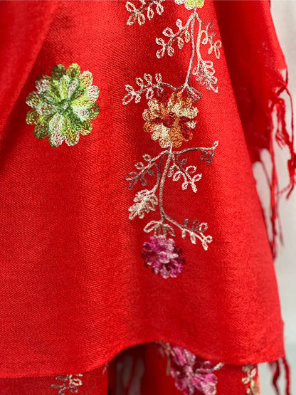 Embroidered, Red Scarf, Pashmina, Floral Design, Fringed, Elegant Wrap, Soft Texture, Versatile, Fashion Shawl, Warm Accessory, Stylish, High-Quality, Seasonal Wear