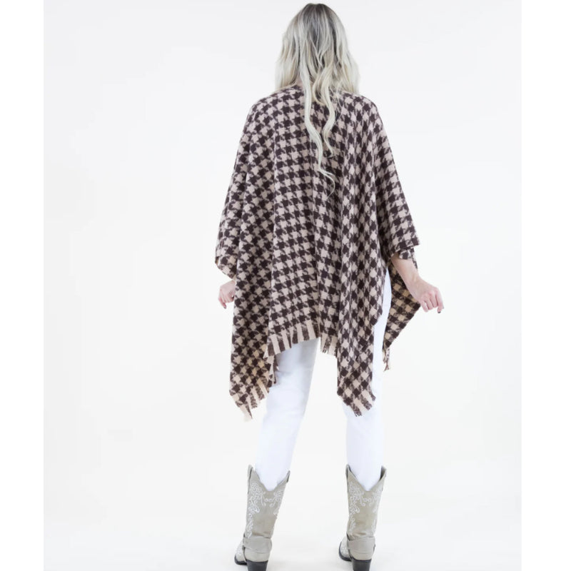 Ruana Shawl, Handmade Wrap, Khaki Poncho, Artisan Shawl, Vintage Style, One-Size Wrap, Houndstooth, Cozy Poncho, Crafted Wrap, Soft Shawl, Unique Cape, Eco-Friendly, Timeless Chic