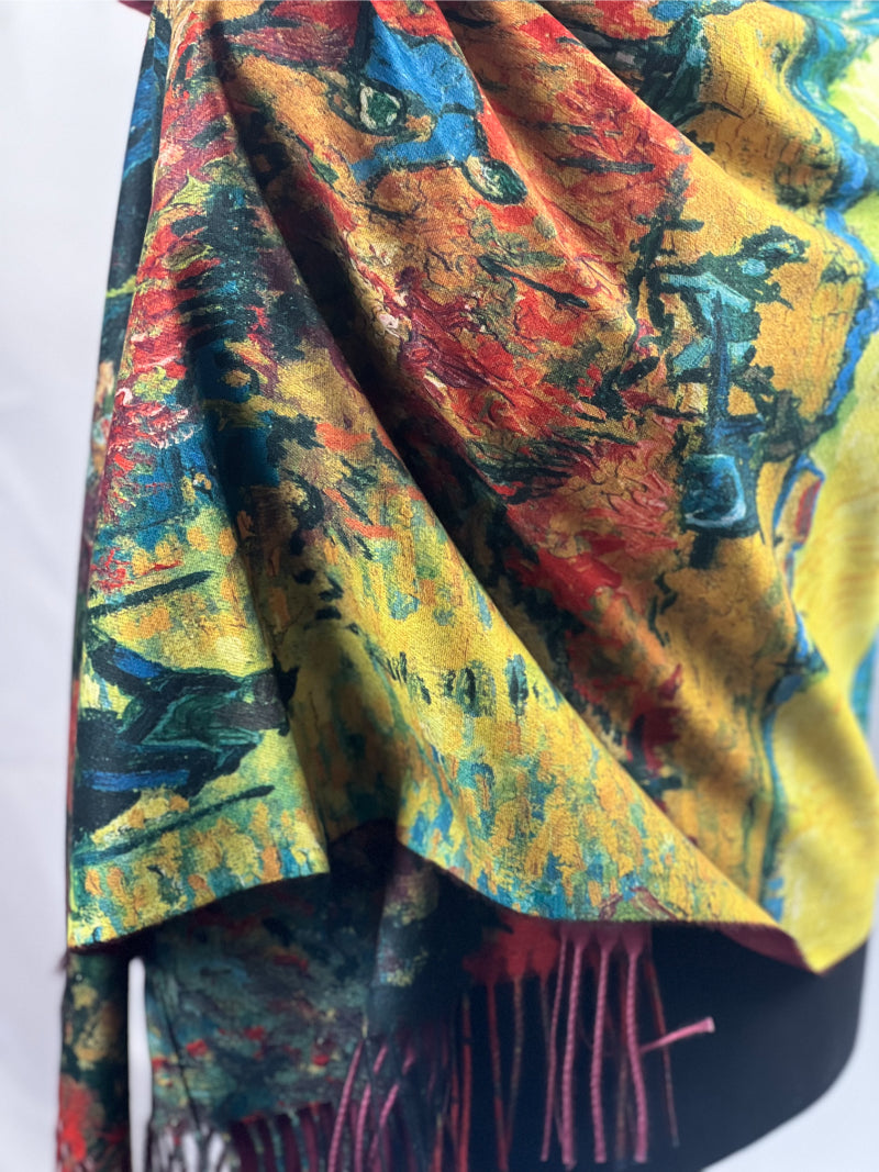 Art Print Scarf, Van Gogh Shawl, Red Art Wrap, Painted Scarf, Arles Shawl, Craft Scarf, Gallery Wrap, Vintage Scarf, Artisan Shawl, Painter Scarf, Harvest Wrap, Unique Shawl, Fringe Scarf