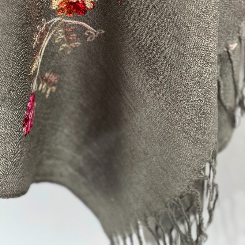 Gray Scarf, Embroidery, Pashmina, Tassel Detail, Soft Shawl, Floral Pattern, Versatile Style, Elegant Accessory, Designer Wrap, Artisan Quality, Timeless Gift, Fashion Staple, Seasonal Chic