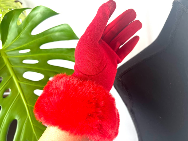 Red Gloves, Fur Cuff Gloves, Handmade Mitts, Artisan Gloves, Texting Gloves, Crafted Handwear, Chic Red Gloves, Faux Fur Gloves, Vibrant Gloves, Cozy Handwear, Stylish Gloves, Winter Gloves, Elegant Mittens