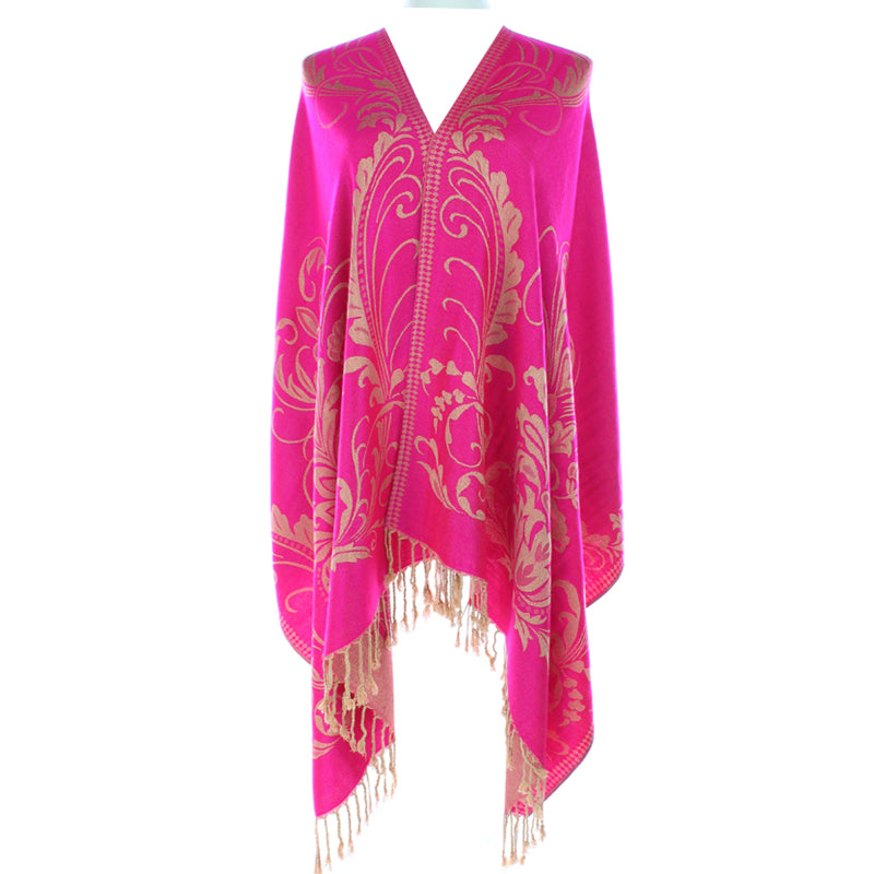 Hot Pink Shawl, Pashmina Wrap, Gold Floral, Fringe Detail, Glamorous Wrap, Vibrant Color, Chic Accessory, Soft Texture, Versatile Style, Bold Elegance, Sparkling Design, Fashion Statement, Luxe Comfort