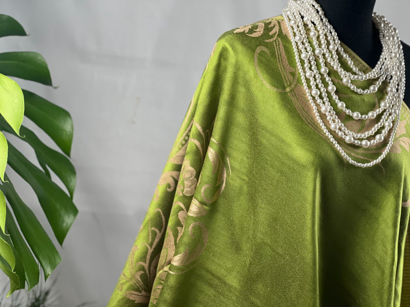 Green Pashmina, Cream Florals, Fringed Elegance, Shawl Wrap, Serene Accessory, Soft Luxury, Versatile Fashion, Nature-Inspired, Elegant Embellishment, Stylish Comfort, Traditional Craft, Contemporary Chic, Garden Fresh