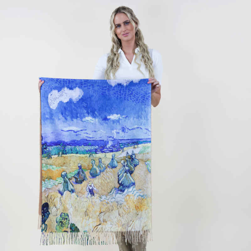 Harvest Art Scarf, Reaper Shawl, Field Wrap, Handmade Scarf, Vintage Shawl, Pastoral Wrap, Artisan Scarf, Rustic Shawl, Field Art Wrap, Gold Blue Scarf, Country Scarf, Wheat Shawl, Craft Scarf