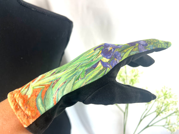 Iris Gloves, Floral Handwear, Artist Gloves, Garden Mitts, Botanical Glove, Blue Green Grip, Touch Glove Art, Eco Chic Gloves, Bloom Gloves, Painted Gloves, Craft Gloves, Art Wear Mitts, Iris Touchwear