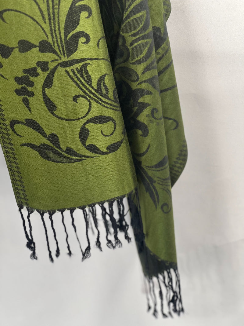 Emerald Shawl, Pashmina, Dark Floral, Green Wrap, Fringed Scarf, Timeless Elegance, Sophisticated Style, Soft Comfort, Versatile Accessory, Elegant Design, Chic Layering, Luxurious Texture, Classic Beauty