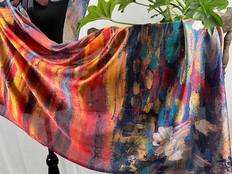 Sunset Art Scarf, Handpainted Shawl, Red Satin Wrap, Artisan Scarf, Dusk Satin Shawl, Twilight Scarf, Orange Scarf Wrap, Painted Satin, Eco Satin Scarf, Unique Dye Scarf, Watercolor Wrap, Evening Shawl, Crafted Scarf