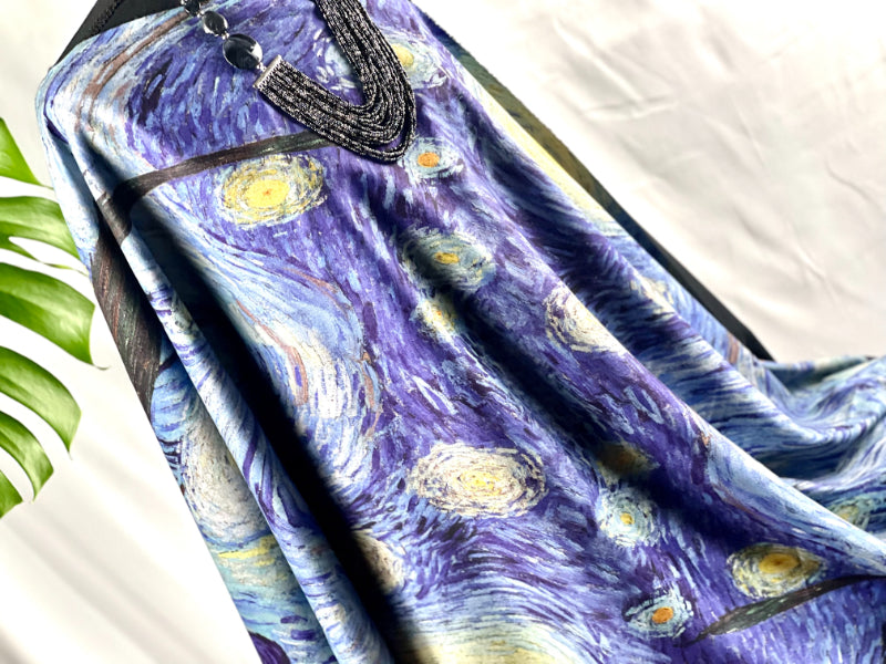 Van Gogh Scarf, Art Shawl, Night Wrap, Fringe Scarf, Star Scarf, Celestial Shawl, Crafted Wrap, Artisan Scarf, Sky Drapery, Boho Scarf, Vintage Wrap, Painter Scarf, Blue Art Shawl