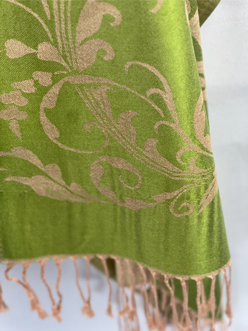 Green Pashmina, Cream Florals, Fringed Elegance, Shawl Wrap, Serene Accessory, Soft Luxury, Versatile Fashion, Nature-Inspired, Elegant Embellishment, Stylish Comfort, Traditional Craft, Contemporary Chic, Garden Fresh