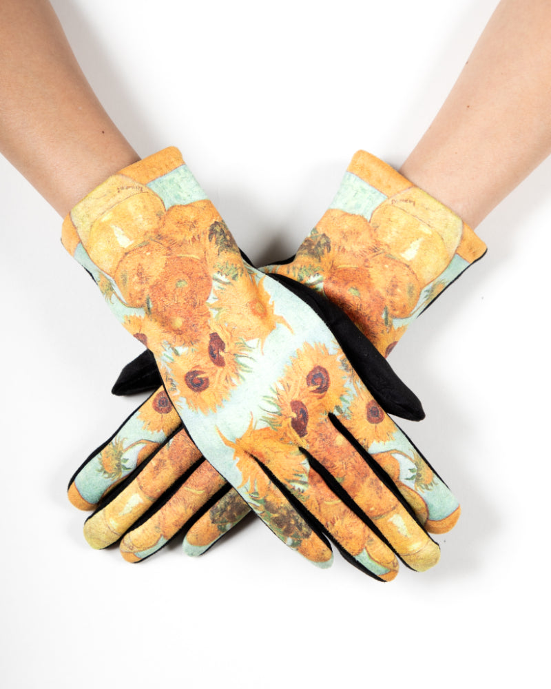 Sunflower Gloves, Artisan Gloves, Touchscreen Mitts, Crafted Handwear, Floral Gloves, Gold Hand Gloves, Turquoise Mitts, Painted Gloves, Botanical Wear, Handmade Mittens, Art Gloves, Garden Gloves, Chic Handwear