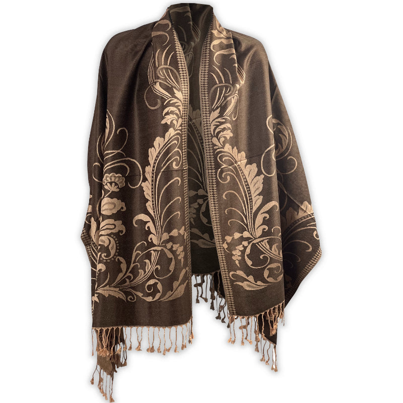 Brown Shawl, Pashmina Wrap, Tan Florals, Fringed Elegance, Elegant Layering, Classic Accessory, Sophisticated Style, Versatile Fashion, Timeless Design, Warm Comfort, Chic Wrap, Autumn Scarf, Luxe Texture