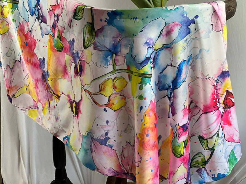 Watercolor Scarf, Pink Satin Shawl, Hand-Painted Wrap, Blossom Scarf, Artisan Shawl, Floral Satin, Painted Scarf, Unique Shawl, Pastel Wrap, Eco Satin Scarf, Art Shawl, Satin Bloom Wrap, Crafted Scarf