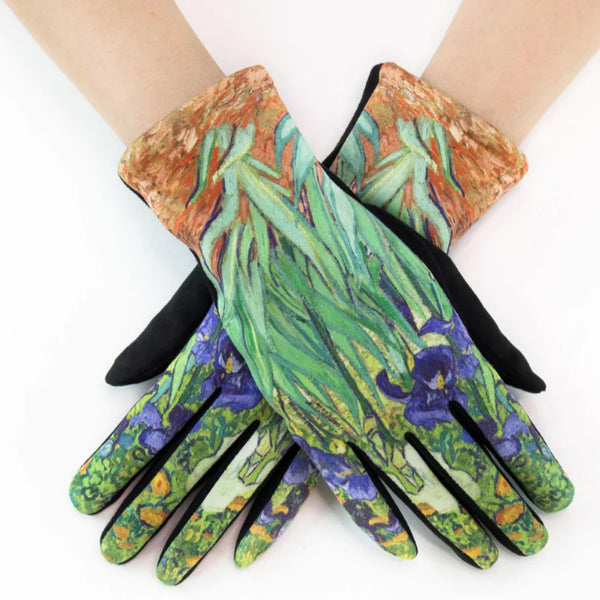 Iris Gloves, Floral Handwear, Artist Gloves, Garden Mitts, Botanical Glove, Blue Green Grip, Touch Glove Art, Eco Chic Gloves, Bloom Gloves, Painted Gloves, Craft Gloves, Art Wear Mitts, Iris Touchwear