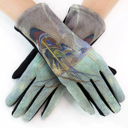 Nautical Gloves, Art Print Mitts, Seaside Gloves, Boat Art Gloves, Yellow Gloves, Painterly Mitts, Artistic Gloves, Beach Handwear, Coastal Gloves, Sea Art Gloves, Touch Gloves, Ocean Mittens, Sail Gloves