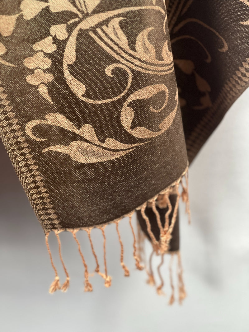 Brown Shawl, Pashmina Wrap, Tan Florals, Fringed Elegance, Elegant Layering, Classic Accessory, Sophisticated Style, Versatile Fashion, Timeless Design, Warm Comfort, Chic Wrap, Autumn Scarf, Luxe Texture