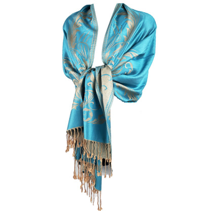 Aqua Pashmina, Gold Detail, Fringed Shawl, Elegant Wrap, Soft Drapery, Luxurious Feel, Chic Accessory, Turquoise Shawl, Metallic Accent, Fashion Scarf, Versatile Wear, Sophisticated, Lightweight Wrap