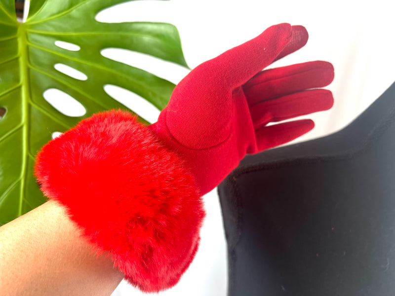 Red Gloves, Fur Cuff Gloves, Handmade Mitts, Artisan Gloves, Texting Gloves, Crafted Handwear, Chic Red Gloves, Faux Fur Gloves, Vibrant Gloves, Cozy Handwear, Stylish Gloves, Winter Gloves, Elegant Mittens