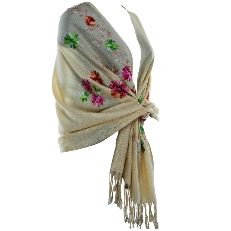 Camel Shawl, Floral Scarf, Embroidery Wrap, Tassel Fringe, Soft Pashmina, Boho Chic Wrap, Artisan Scarf, Vintage Look, Warm Wrap, Neutral Scarf, Handmade Shawl, Elegant Wrap, Unique Scarf