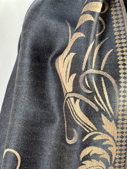 Blue Shawl, Pashmina, Gold Embroidery, Fringed Wrap, Royal Elegance, Luxurious Texture, Sophisticated Style, Classic Embellishment, Versatile Accessory, Evening Chic, Regal Fashion, Timeless Appeal, Warmth & Style