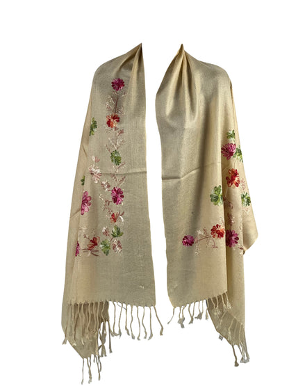 Camel Shawl, Floral Scarf, Embroidery Wrap, Tassel Fringe, Soft Pashmina, Boho Chic Wrap, Artisan Scarf, Vintage Look, Warm Wrap, Neutral Scarf, Handmade Shawl, Elegant Wrap, Unique Scarf