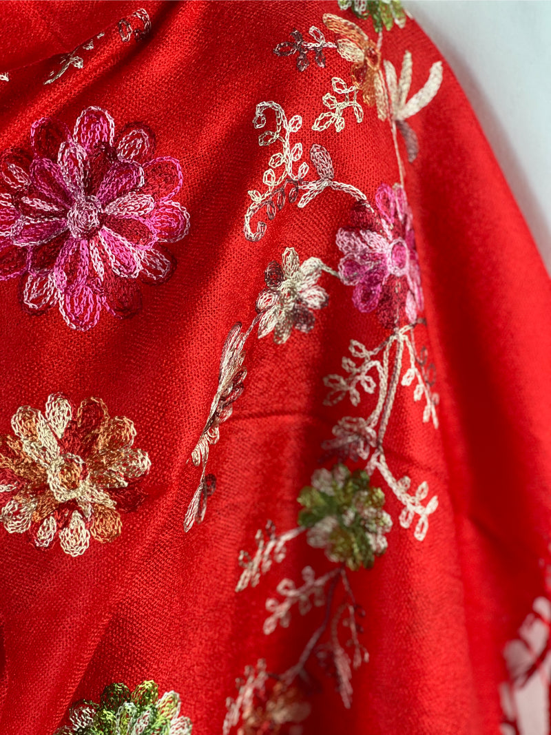 Embroidered, Red Scarf, Pashmina, Floral Design, Fringed, Elegant Wrap, Soft Texture, Versatile, Fashion Shawl, Warm Accessory, Stylish, High-Quality, Seasonal Wear