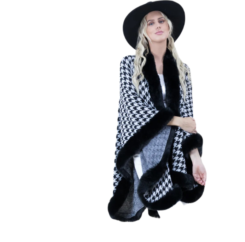 Houndstooth Cape, Faux Fur Wrap, Vintage Poncho, Retro Cape, Black White Shawl, Elegant Wrap, Fur Trim Cape, Classic Shawl, Handcrafted Cape, OS Fashion Cape, Timeless Wrap, Chic Poncho, Luxury Shawl