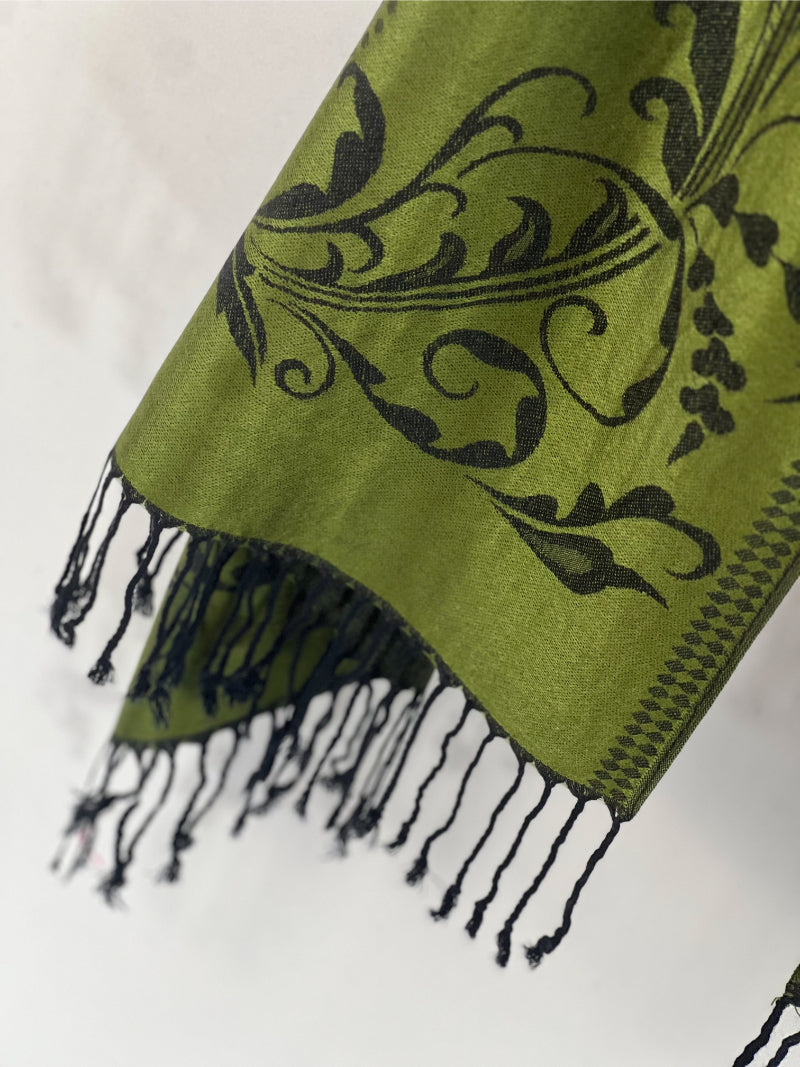 Emerald Shawl, Pashmina, Dark Floral, Green Wrap, Fringed Scarf, Timeless Elegance, Sophisticated Style, Soft Comfort, Versatile Accessory, Elegant Design, Chic Layering, Luxurious Texture, Classic Beauty